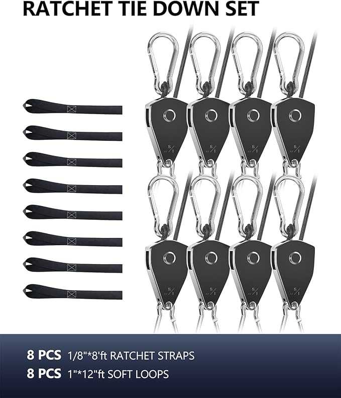 VIPARSPECTRA Retractable Heavy Duty Ratchet Tie Down Straps [8 Pack, 8ft, 75lbs/Pack], Rope Pulley System with Carabiner Hook Rope Adjuster for Hanging Plants/Grow Light/Tents Various Tie-Down Uses