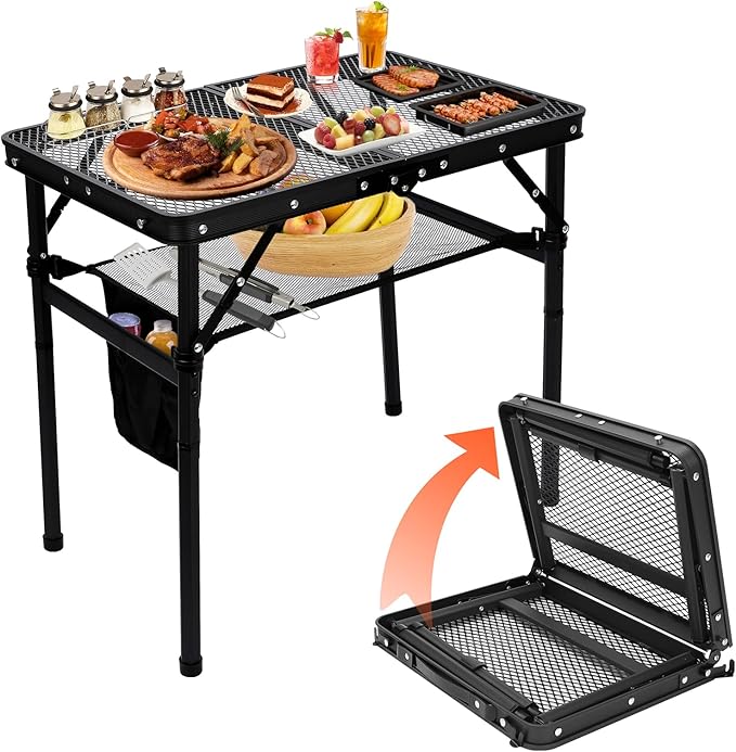 QuliMetal Small Portable Folding Grill Table with Adjustable Height & Mesh Desktop, Lightweight Camping Table – Perfect for BBQ, Picnic, Beach, & Indoor Use – Compact, Durable & Easy to Carry, Black