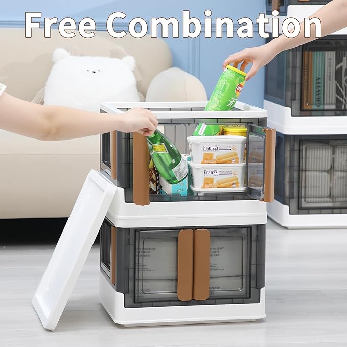 HAIXIN Closet Organizers and Storage, 4 Doors Opening Stackable Storage Box, 6.86 Gal Plastic Dorm Room Essentials, Folding Storage Container with Wheels, Cube Bins for Room Organizer, 3 Pack