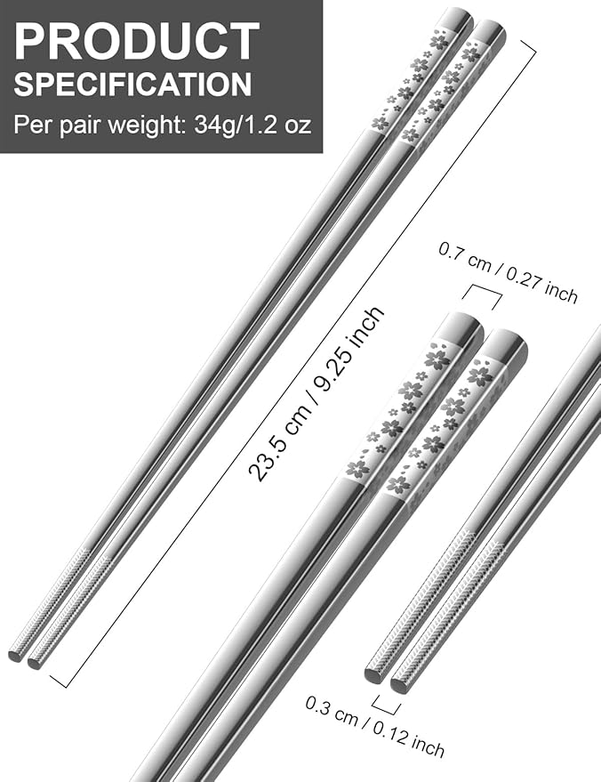 5 Pairs Metal Chopsticks Reusable 18/8 stainless steel Chopsticks Japanese Style Dishwasher Safe Lightweight Non-Slip Chop Sticks 9 1/4 Inches Present Set
