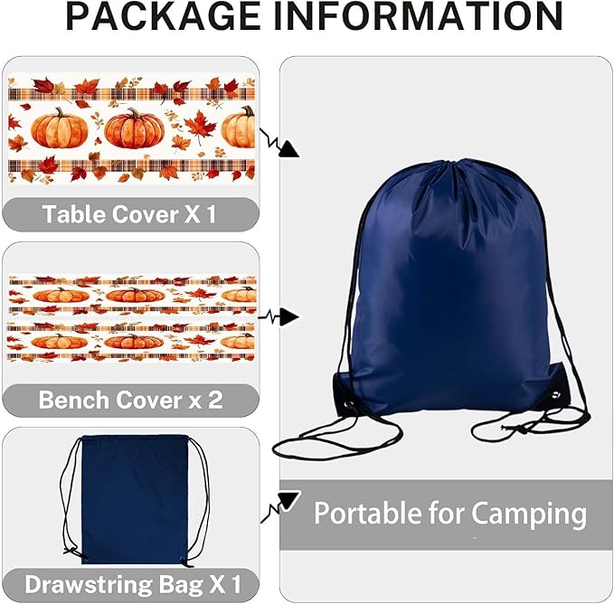 CAPSCEOLL Fitted Picnic Table Cover with Bench Covers with Elastic 8Ft Waterproof Picnic Table Cloths Windproof Outdoor Camping Tablecloth with Drawstring Bag, 96X30in, Pumpkins Leaf