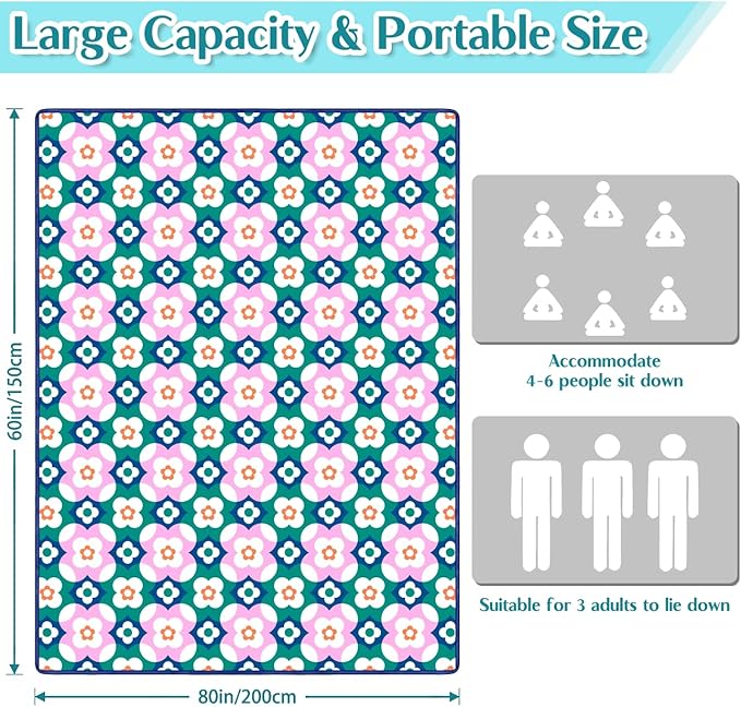 Block Floral Picnic Blankets Waterproof Foldable, 60″X80″Boho Thick Picnic Mat Outdoor Blanket for Grass,Cute Beach Blanket Sandproof Picnic Accessories for Camping Picnic Party Park Hiking