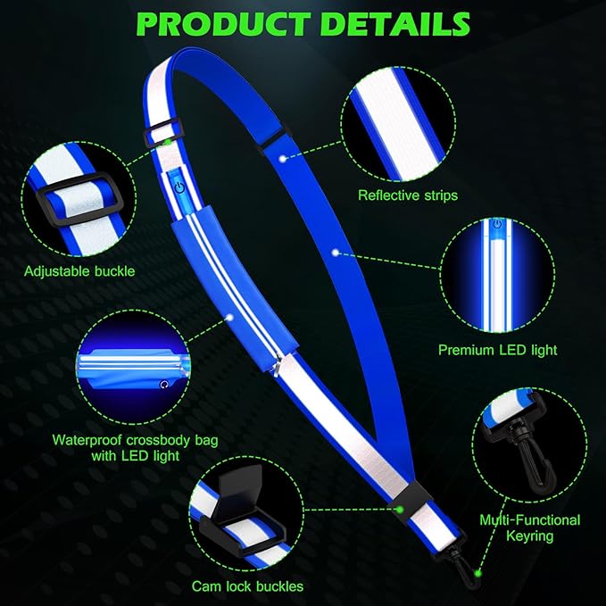 Reflective Sash Gear for Walking at Night,LED Reflective Belt Safety Lights,Lights for Night Dog Walking,High Visibility Type-C Rechargeable with Phone Holder for Men Women