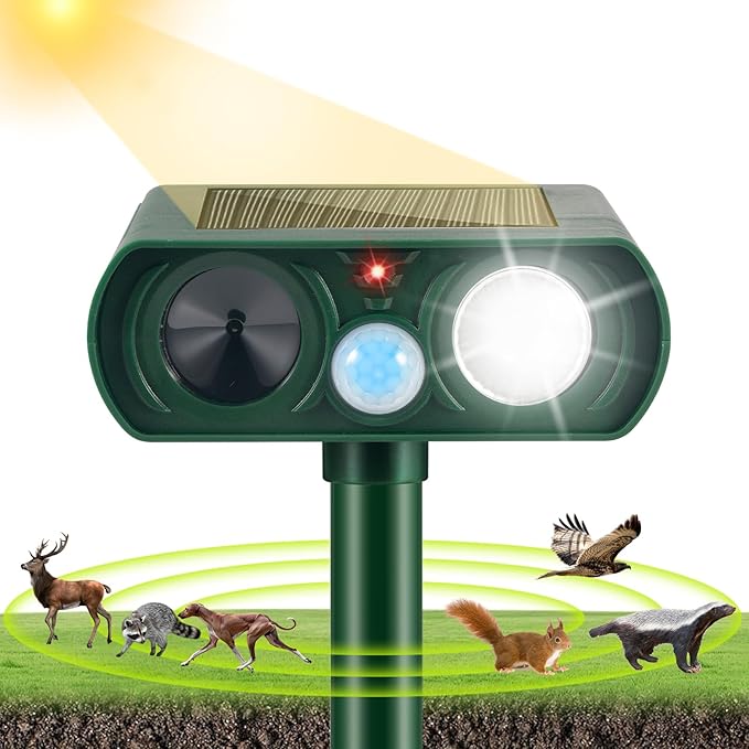 Solar Ultrasonic Animal Repeller Outdoor Cat Repellent Sonic Fortress Pro Deer Repellent with Motion Sensor & Strobe Light,Animal Deterrent Devices for Squirrel Racoon Skunk Rabbit Garden Yard, 4 Pack