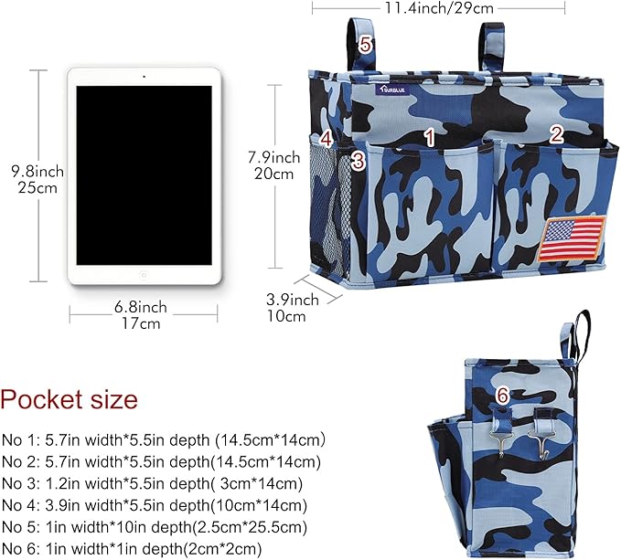 Surblue Bedside Caddy Hanging Bed Organizer Storage Bag Pocket for Bunk and Hospital Beds, College Dorm Rooms Baby Bed Rails, Wheelchair Side Bag, Camp Chiars, 4 Pockets and 2 Hooks (Small Ocean)