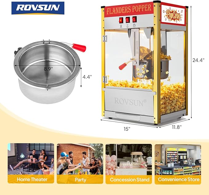 ROVSUN Popcorn Machine Movie Theater Style w/ 10 Ounce Kettle Makes Up to 4 Gallons ETL Certified, Countertop Popcorn Maker Commercial Popcorn Machine w/Scoop, Oil Spoon, Bags & 3 Cups, Red