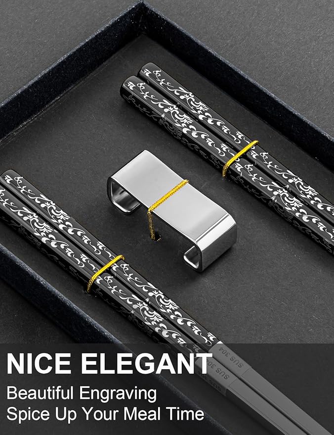 Metal Reusable Chopsticks 2 Pairs Titanium Plated Stainless Steel Chopsticks with Holder, Dishwasher Safe Non-Slip Japanese Style Chop Sticks Present Set (Black Silver)