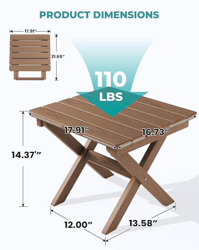SERWALL Folding Outdoor Side Table, HDPE Adirondack End Table, No Assembly Required Small Table for Indoor and Outdoor Use, Brown