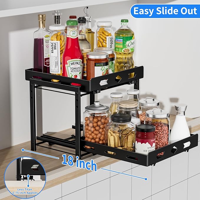 Pull Out Spice Rack Organizer for Cabinet, 2 Tier Cabinet Spice Rack Organizer, Height Adjustable Vertical Spice Rack for Kitchen Cabinet (11.9''Wx10.8''Dx9.2''H, Metal Black)