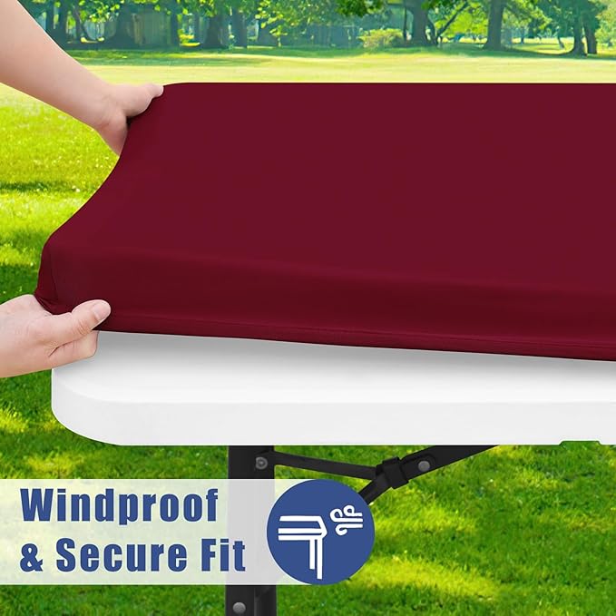 Spandex Picnic Table Cloth 2 Pack, Elastic Fitted Tablecloths for 4 Foot Rectangle Tables, Stretch Washable Patio Table Cover for Camping, Christmas & New Year Parties (Wine Red, 30"x48")