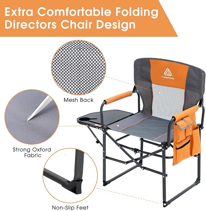 Wide Folding Director Chair with Table, Outdoor Camping Chair for Adults with Cup Holder Load 330 Lbs, Portable Lightweight Chair for Outside with Carry Bag for Patio, Orange-2Pack
