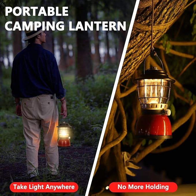 LED Camping Lantern Rechargeable Stepless Dimming Vintage Rechargeable Vintage Lantern, 4000mAh Power Bank, IPX5 Waterproof Portable Hanging Lamp for Camping Hiking Emergency and Power Outage