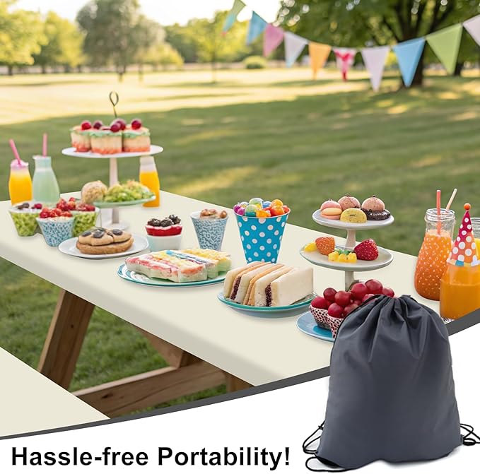 Smiry Picnic Table Cover with Bench Covers, Waterproof Elastic Fitted Polyester Tablecloths for 6 Ft Rectangle Tables, Washable Windproof Tablecloth for Camping, RV & Outdoor (Beige, 30x72 Inches)