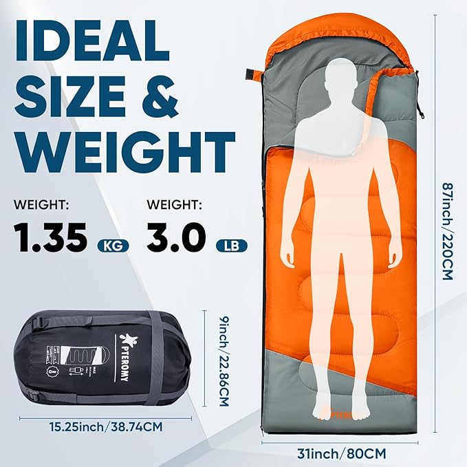 PTEROMY Sleeping Bags for Adults, Lightweight Water Resistant Backpacking Camping Sleeping Bag for Warm Cold Weather, Camping Essentials for Hiking Outdoor Travel