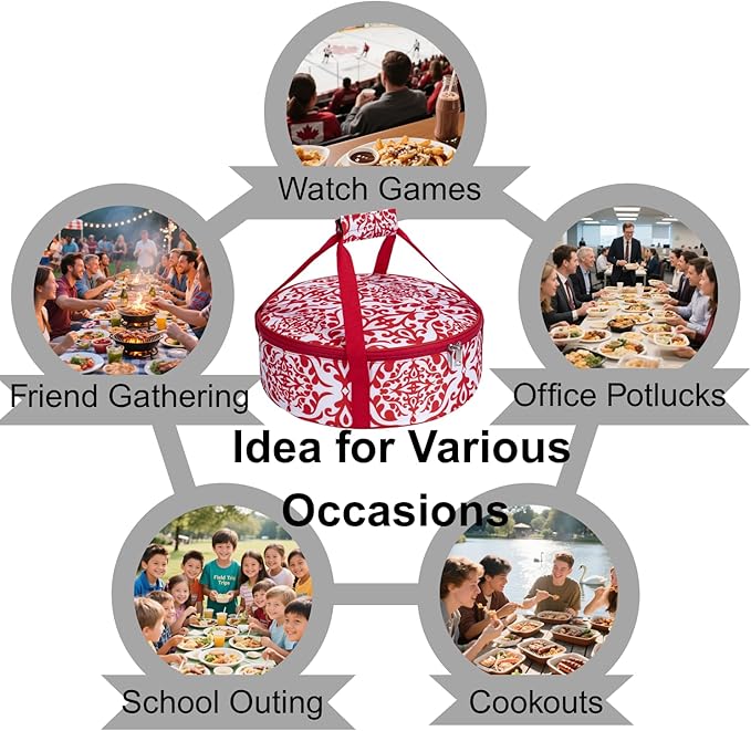 Round Insulated Pie Carrier – Thermal Portable Lunch Transport Cheesecake Cake Dish Container Bag Keep Food Hot/Cold/Fresh for Potlucks Parties Gathering/Cookouts/Church Dinner/Outdoor Events-Red