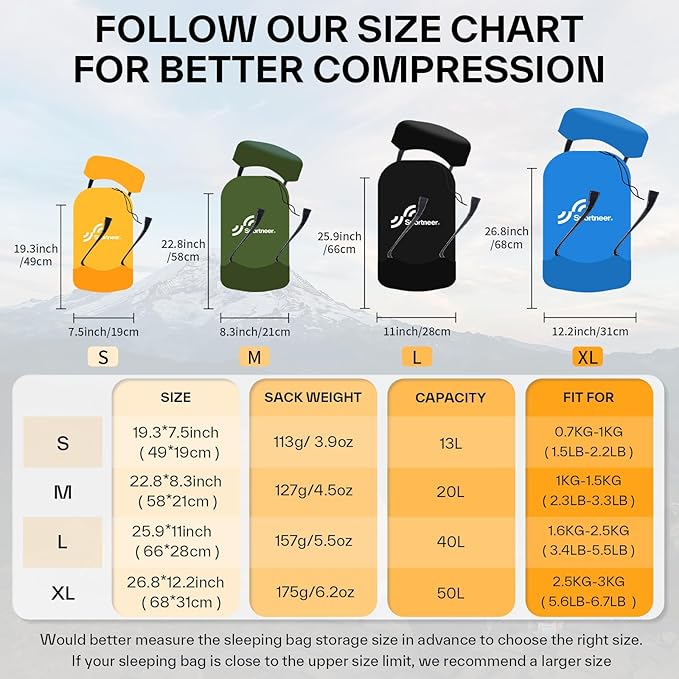 Sportneer Compression Sack, 13L/20L/40L/50L Sleeping Bag Stuff Sack, Tear-Resistant Ultralight Sleeping Bag Compression Sack-Space Saving Gear for Camping Hiking Travel