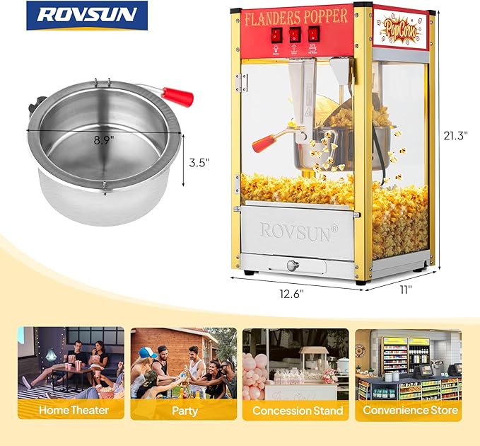 ROVSUN Popcorn Machine with 8 Ounce Kettle Makes Up to 32 Cups, Commercial Popcorn Machine Countertop Popcorn Maker w/Stainless Steel Scoop, Oil Spoon & 3 Popcorn Cups for Home Movie Theater, ETL, Red