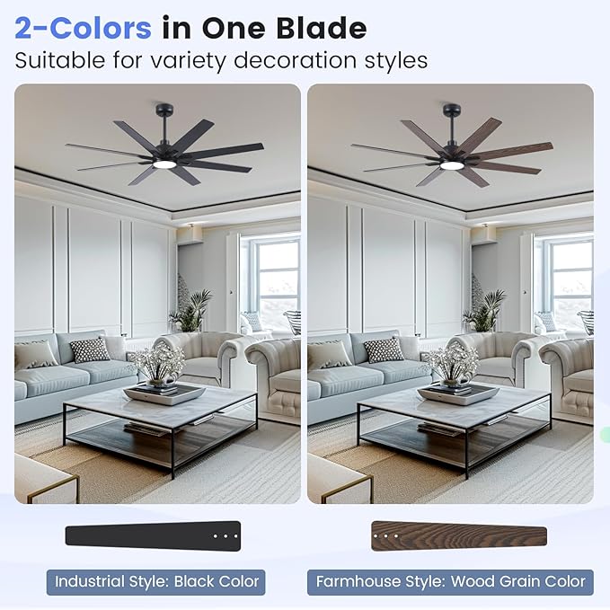 Newday 62 inch Large Ceiling Fans with Lights and Remote, Indoor/Outdoor Black Ceiling Fan for Living Room Patio, 6 Speeds Slient Reversible DC Motor, 3CCT, Timer, 2 Downrods, 8 Blades