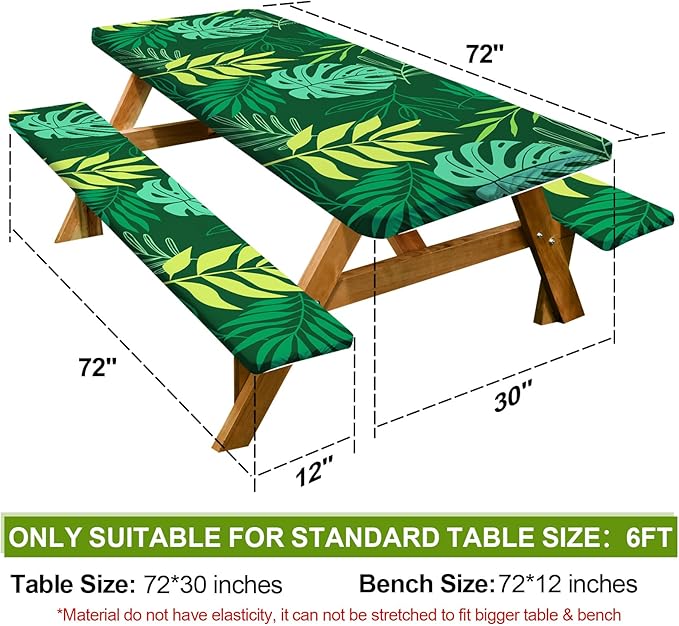 Picnic Table Cover with Bench Covers Camping Essentials Waterproof Windproof Camping Tablecloth with Drawstring Bag, Fitted Rectangle Tables and Seats, 72in, Dark Green