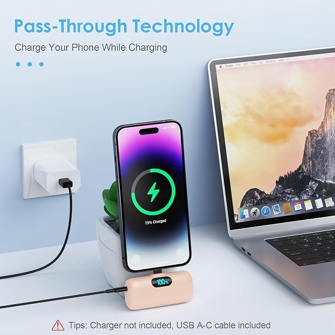 Small Portable Charger for iPhone,5000mAh PD Fast Charging Power Bank, Mini Plug-in Battery Pack Backup Charger Compatible with iPhone 14/14 Pro Max/13/13 Pro/12 Pro/11/XS/XR/X/8/7/6 etc- Light Orange