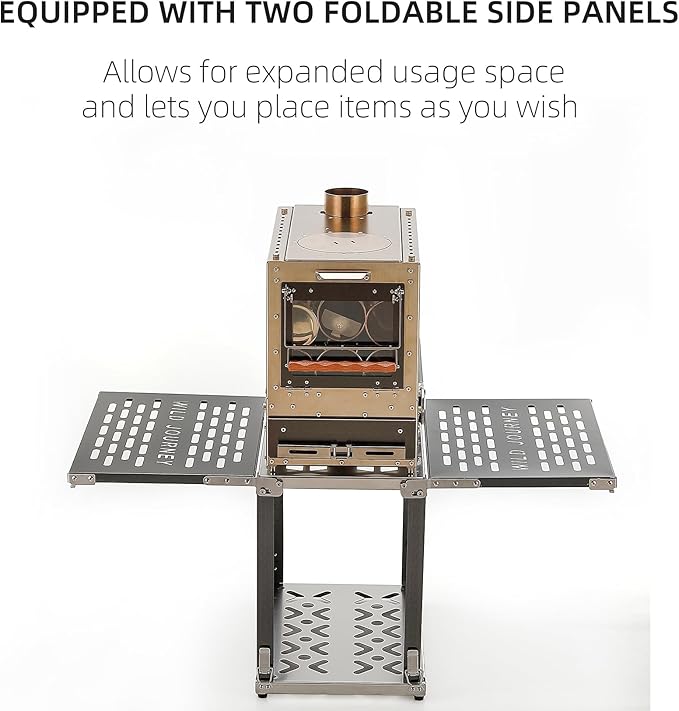 M8 Wood Burning Stove with Oven & Folding Camping Table, Stainless Steel Portable Hot Tent Stove, Including 6 Chimney Pipes, for Camping, Tents, Cooking and Travel Rose Gold