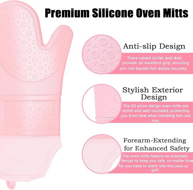 Oven Mitts with Heat-Resistant Hot Pads and Five Silicone Spatulas Designed for Kitchen Baking Cooking, Oven Glove Soft Cotton Lining, Waterproof, BPA-Free (Pink, 15.7)