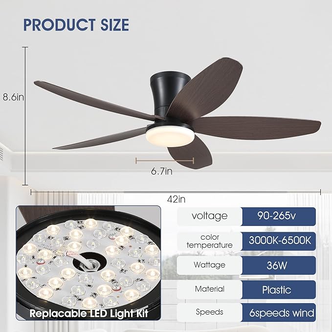Ceiling Fans with Lights-42 Low Profile Ceiling Fan with Light and Remote/APP Control,Flush Mount,DC Reversible,LED Dimmable Modern Ceiling Fans for Bedroom,Indoor/Outdoor Patio Use(Brown)