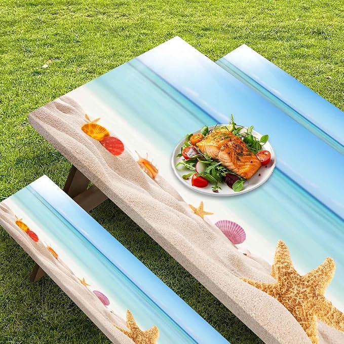 CAPSCEOLL Picnic Table Cover with Bench Covers 8Ft Waterproof Camping Tablecloth All-Weather Outdoor Table Protector with Drawstring Bag for Camping Essentials, 96X30In, Sea Beach