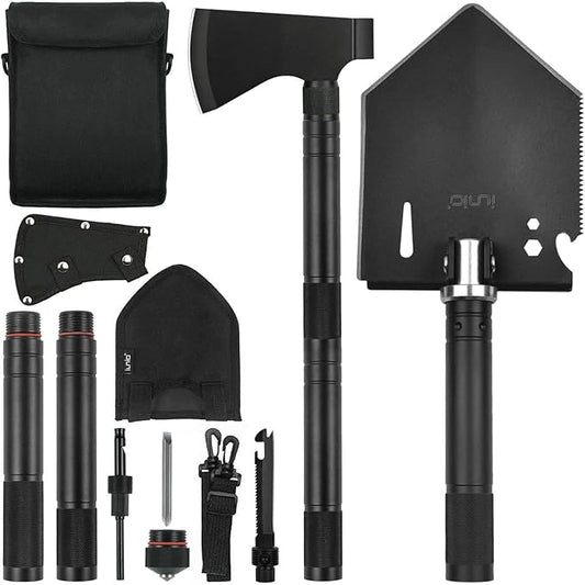 iunio Camping Shovel,Shovel Folding, Portable, Multitool, Foldable Entrenching Tool, Collapsible Spade, for Backpacking, Trenching, Hiking, Survival, Car Emergency