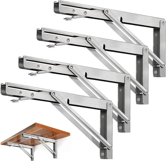 Storystore Folding Shelf Brackets - 10 Inch Heavy Duty Stainless Steel Collapsible Shelf Bracket for Bench Table, Space Saving DIY Bracket (4PCS)