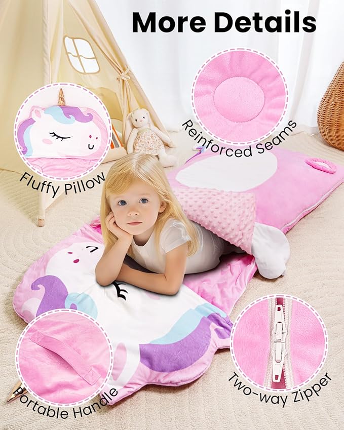 Primlect Kids Sleeping Bag with Pillow, Larger Toddler Nap Mat, Plush Slumber Bag for Boys Girls Daycare Preschool Kindergarten Birthday Gift Travel Sleepover Ages 3-6 Years