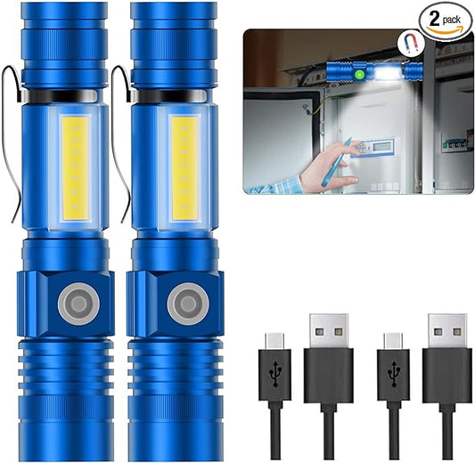 Hoxida Flashlight USB Rechargeable, Magnetic LED Flashlight, Super Bright LED Tactical Flashlight with Cob Sidelight, Waterproof, Zoomable Best Small LED Flashlight for Camping, Emergency - Blue