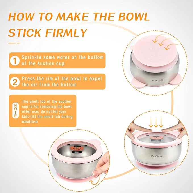 MR. CHOU Food-Grade Stainless Steel Baby Bowls with Leakproof Tempered Glass Lid, First Stage Baby Led Weaning Supplies for Boys & Girls, Silicone Suction Bowls for Baby Feeding (Pink)
