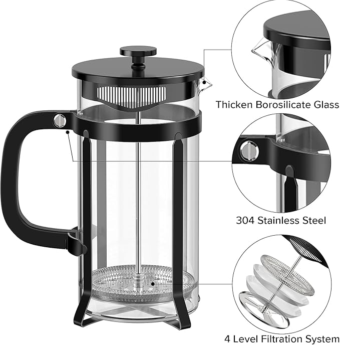 QUQIYSO French Press Coffee Maker 304 Stainless Steel French Press with 4 Filter, Heat Resistant Durable, Easy to Clean, Borosilicate Glass Coffee Press, 100% BPA Free Glass Teapot, 21 ounce, Black