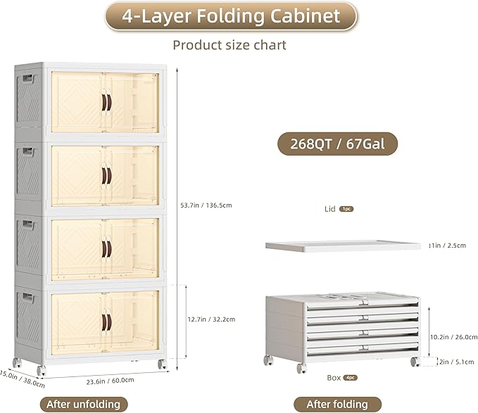 268 QT / 67 Gal White Storage Bins with 1 Lid - Collapsible Stackable Cabinet Organizer w/Wheels & Magnetic Doors, Plastic Storage Box for Office Closet Organization