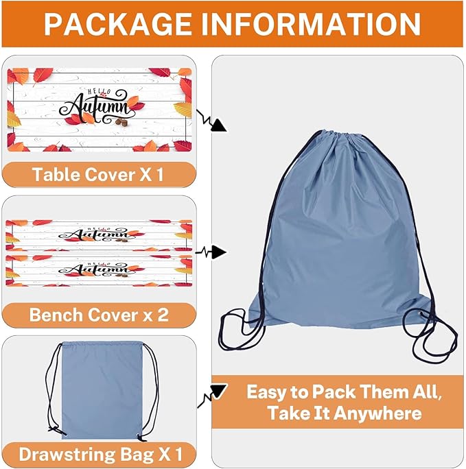 Picnic Table Cover with Bench Covers Elastic Edges, Wooden Fall Fitted Table Cover, Outdoor Patio Camping Essentials 72 Inch 3PCS, Waterproof Camping Fitted Tablecloth with Drawstring Bag