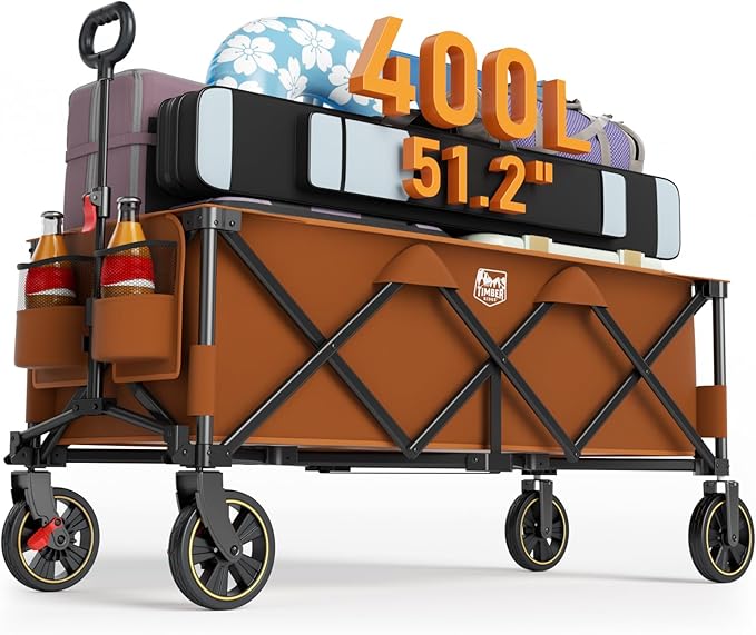 TIMBER RIDGE 51.2'' Extended Collapsible Wagon Cart with Brakes and Cargo Net, 350LBS Heavy Duty Foldable Utility Wagon with Adjustable Handle, 400L Capacity Portable Cart for Camping Sports Shopping