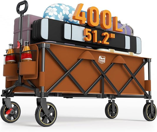 TIMBER RIDGE 51.2'' Extended Collapsible Wagon Cart with Brakes and Cargo Net, 350LBS Heavy Duty Foldable Utility Wagon with Adjustable Handle, 400L Capacity Portable Cart for Camping Sports Shopping