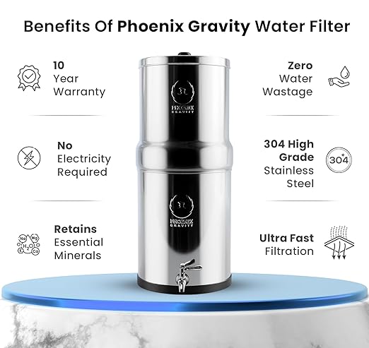 1.5 Gallons NSF Certified AISI 304 Stainless Steel Water Filter with 2 Smart Carbon (Black) Filters, 2 POSTreat Steel Fluoride Removal Elements, Free Steel Stand & Water Spigot