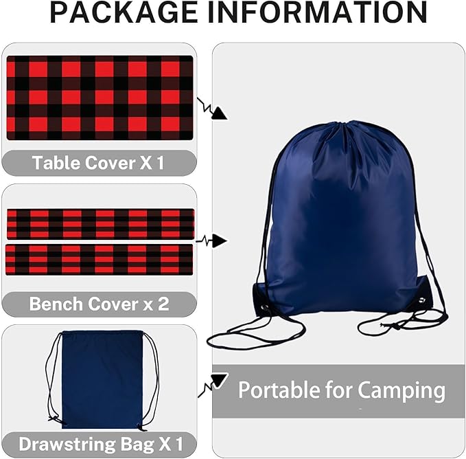 CAPSCEOLL Fitted Picnic Table Cover with Bench Covers with Elastic 6Ft Waterproof Camping Picnic Table Cover Cloths for Outdoors Camping Tablecloth with Drawstring Bag, 72X30in, Black Red