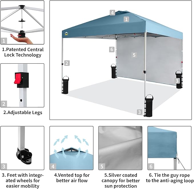 CROWN SHADES 10x10 Pop Up Canopy with 1 Side Wall - Beach Tent with One Push Setup - Outdoor Sun Shade for Events, Parties, Camping - Gazebo with STO-N-Go Cover Bag (Cyan Blue)