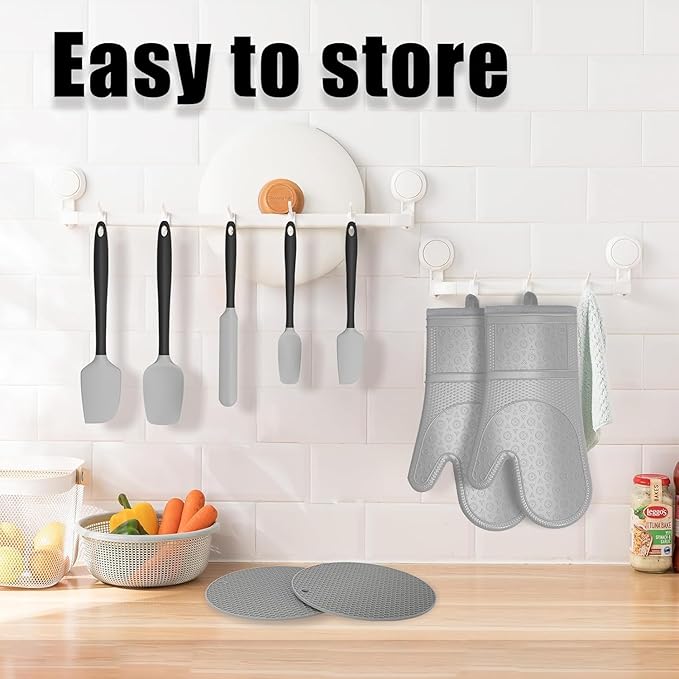 Oven Mitts with Heat-Resistant Hot Pads and Five Silicone Spatulas Designed for Kitchen Baking Cooking, Oven Glove Soft Cotton Lining, Waterproof, BPA-Free (GRYE, 12.6)