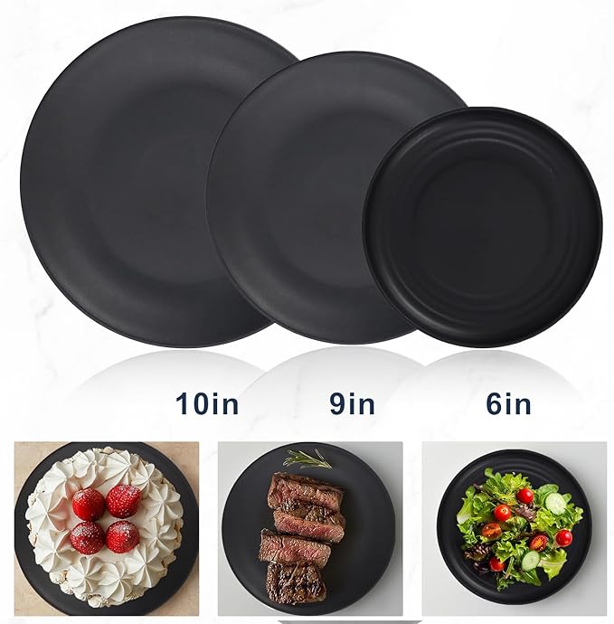 Wheat Straw Dinnerware Set of 40 Pieces - 10" & 9" Plates, 6" Snack Plates, 26oz & 12oz Bowls & Cups - Unbreakable, Microwave & Dishwasher Safe - Black