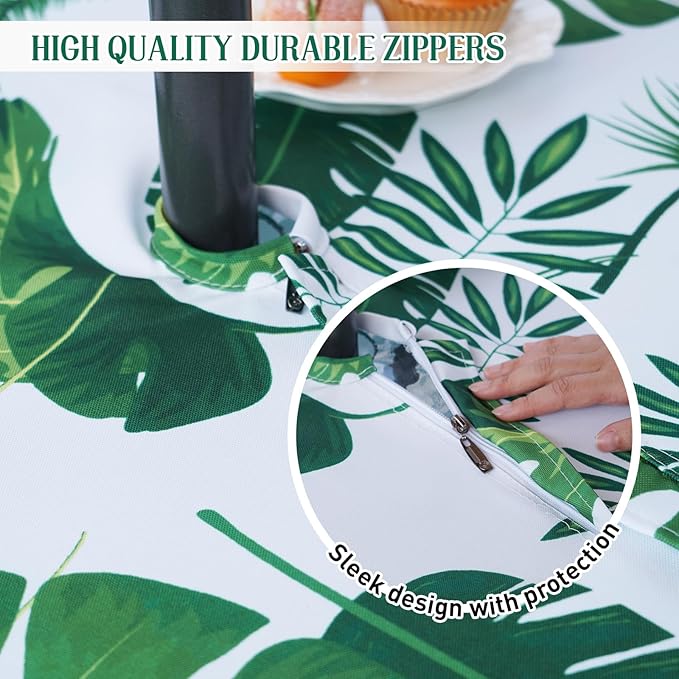 Poise3EHome Outdoor Tablecloth Rectangle with Umbrella Hole Waterproof Tropical Green Tablecloth for Spring Picnic Party Patio Table Camping, Palm Leaf (52X70 Zipper)