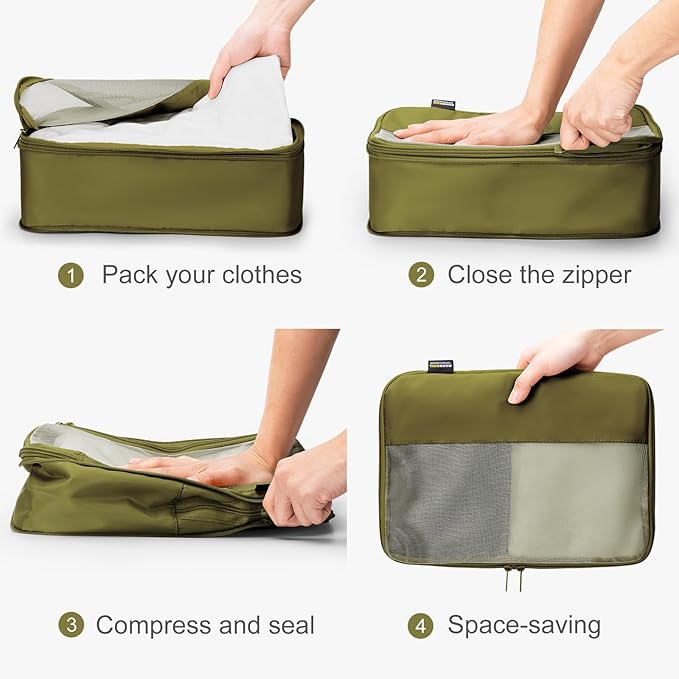 5 Set Compression Packing Cubes for Travel, Space Saving Luggage Organizer Bags (Army Green)