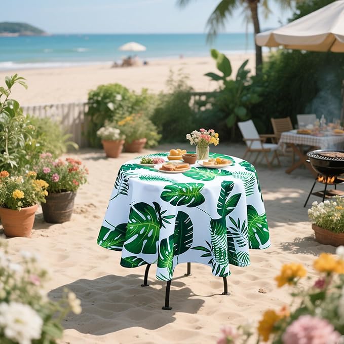 Poise3EHome 60 inches Outdoor/Indoor Waterproof Tropical Round Tablecloth Green for Camping Picnic Party Patio Table Spring, Palm Leaf
