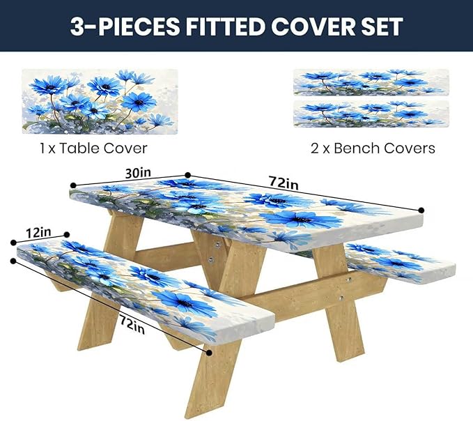 CAPSCEOLL Fitted Picnic Table Cover with Bench Covers with Elastic 6Ft Waterproof Camping Picnic Table Cover Cloths for Outdoors Camping Tablecloth with Drawstring Bag, 72X30in, Blue Flowers