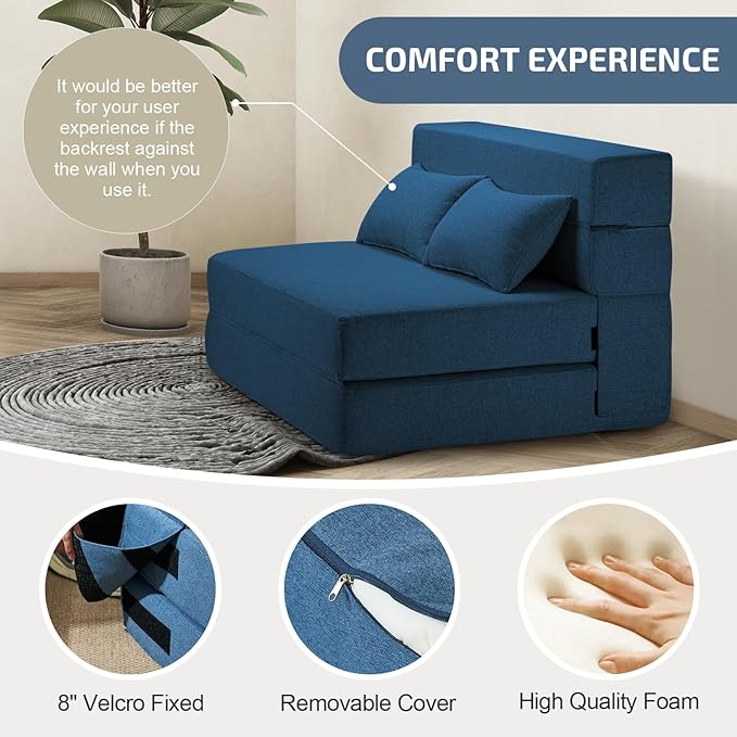 Folding Sofa Bed with Pillows- Convertible Chair Floor Couch & Sleeping Mattress, Foldable Memory Foam Sleeper for Living Room/Dorm/Guest Room/Home Office/Apartment/Loft, Twin, Navy Blue