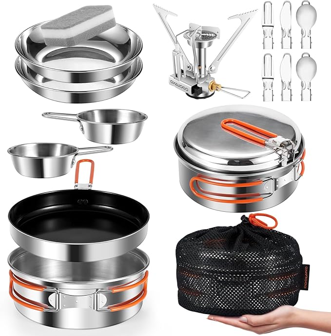 Odoland 10pcs Stainless Steel Camping Cookware Camping Pot and Pan Set with Portable Camping Stove Camping Mess Kit with Plates Bowls Forks Knives Spoons for Hiking Backpacking and Picnic