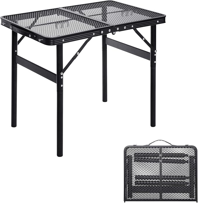 Grill Table Small Folding Table 2FT Foldable Camping Table Picnic Portable Mesh 2 Height Adjustable Outdoor Beach BBQ Black 23.6×15.7× 9.4/20.4inch